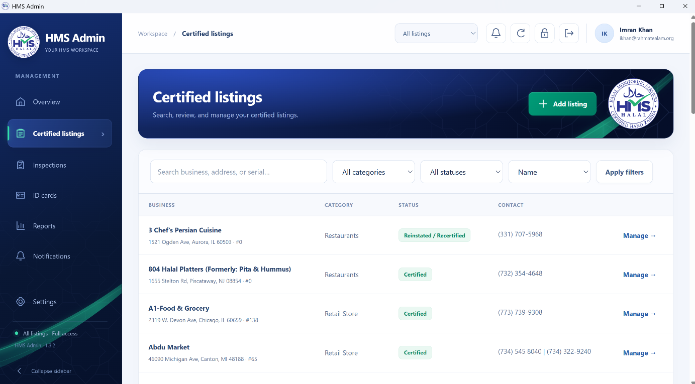 Search, filter, and manage certified business listings