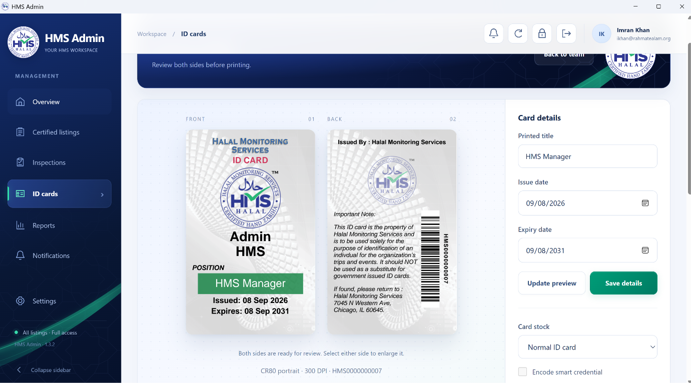 Preview both sides of an employee ID card and update its details before printing