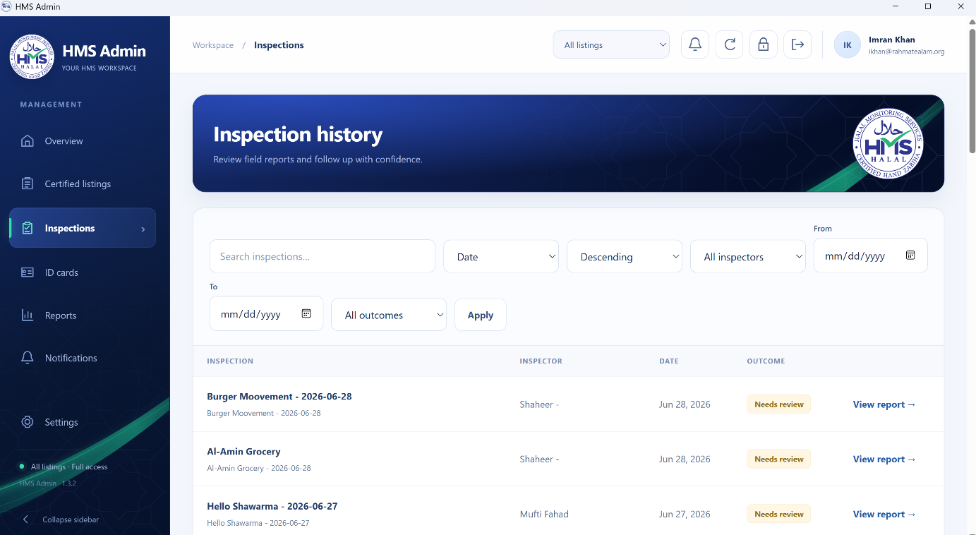 Review inspection history and filter reports by inspector, date, and outcome