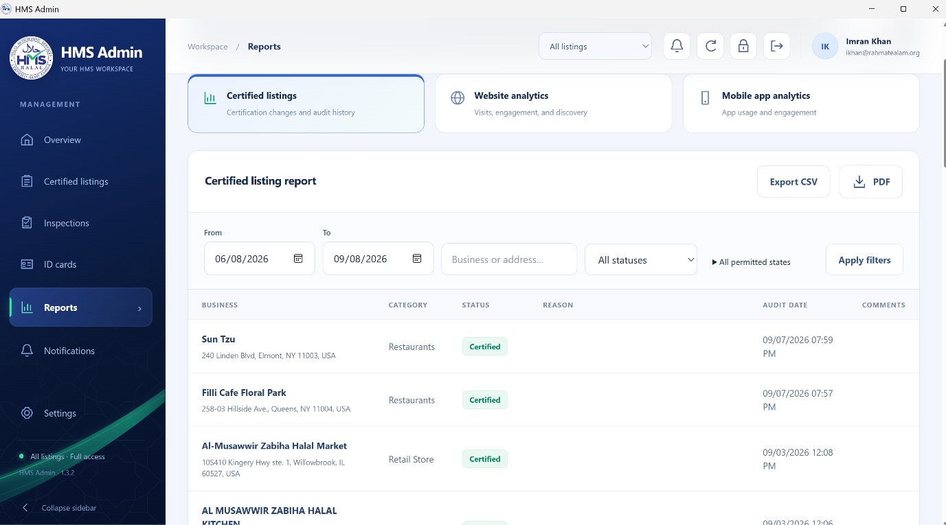 Review certification reports, access analytics, and export CSV or PDF files