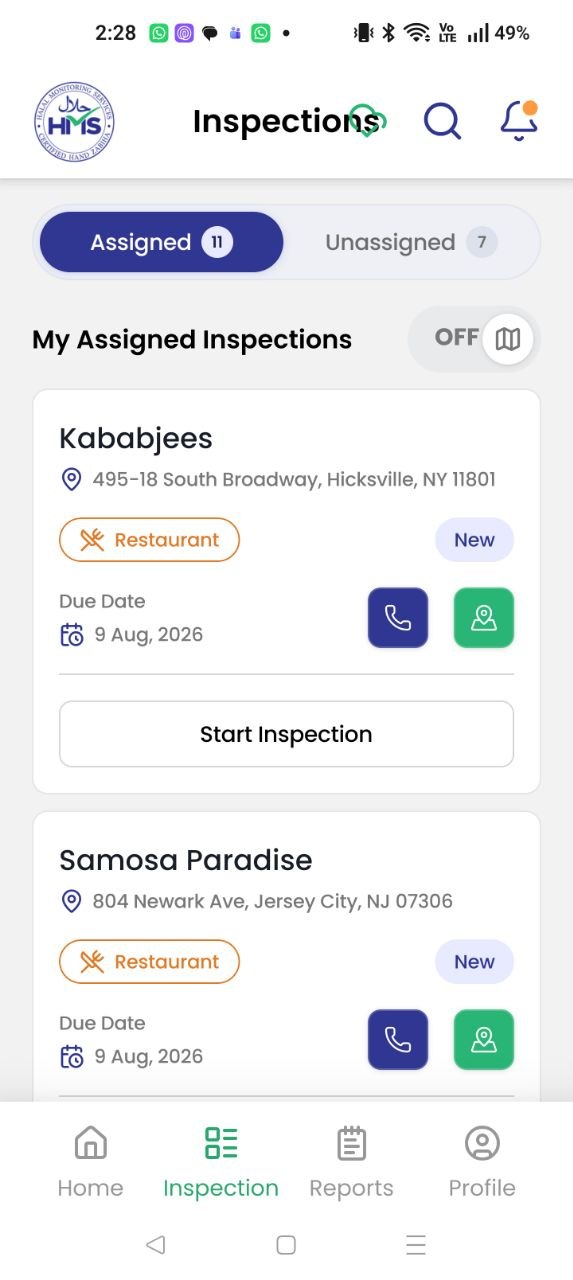Assigned inspections with due dates, contact details, and visit actions