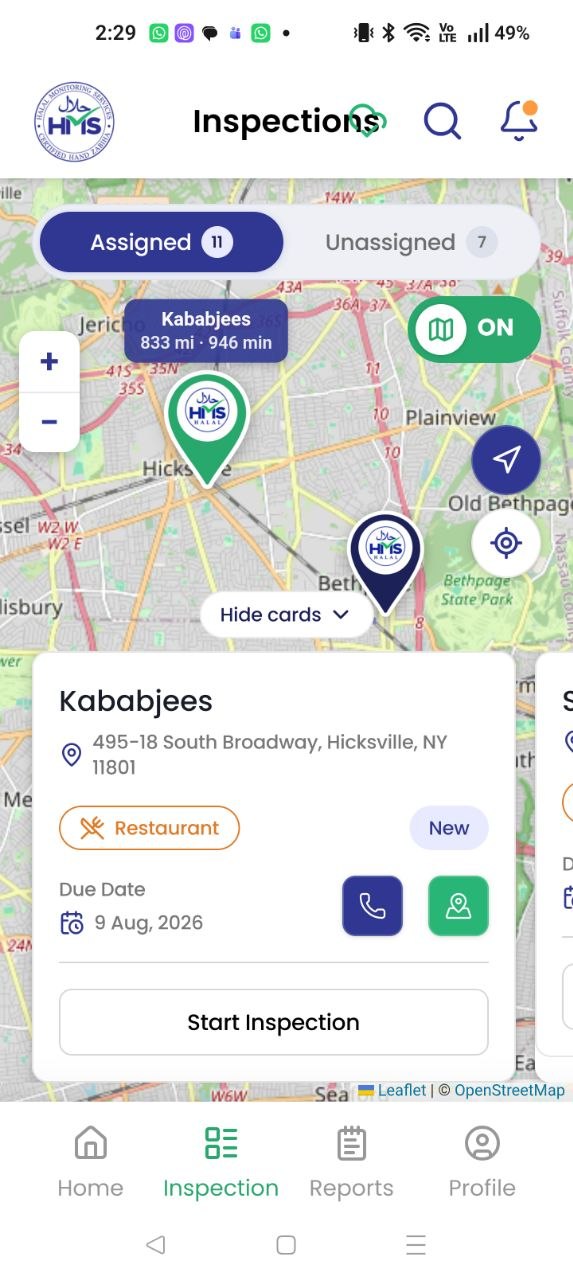 Map view of inspection locations with directions and business details