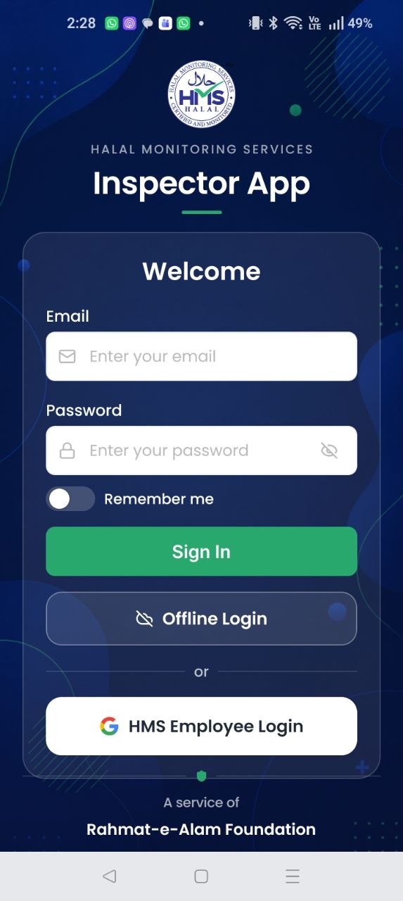 Inspector sign-in with offline login and HMS employee login options