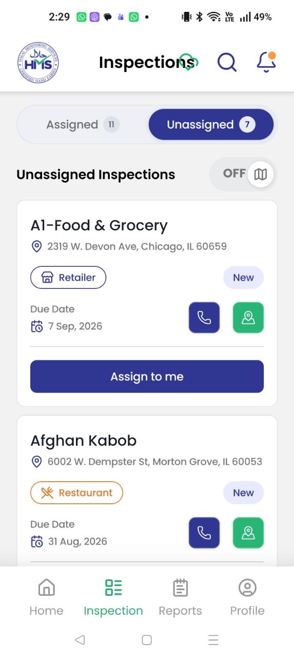Browse unassigned inspections and assign a visit to yourself